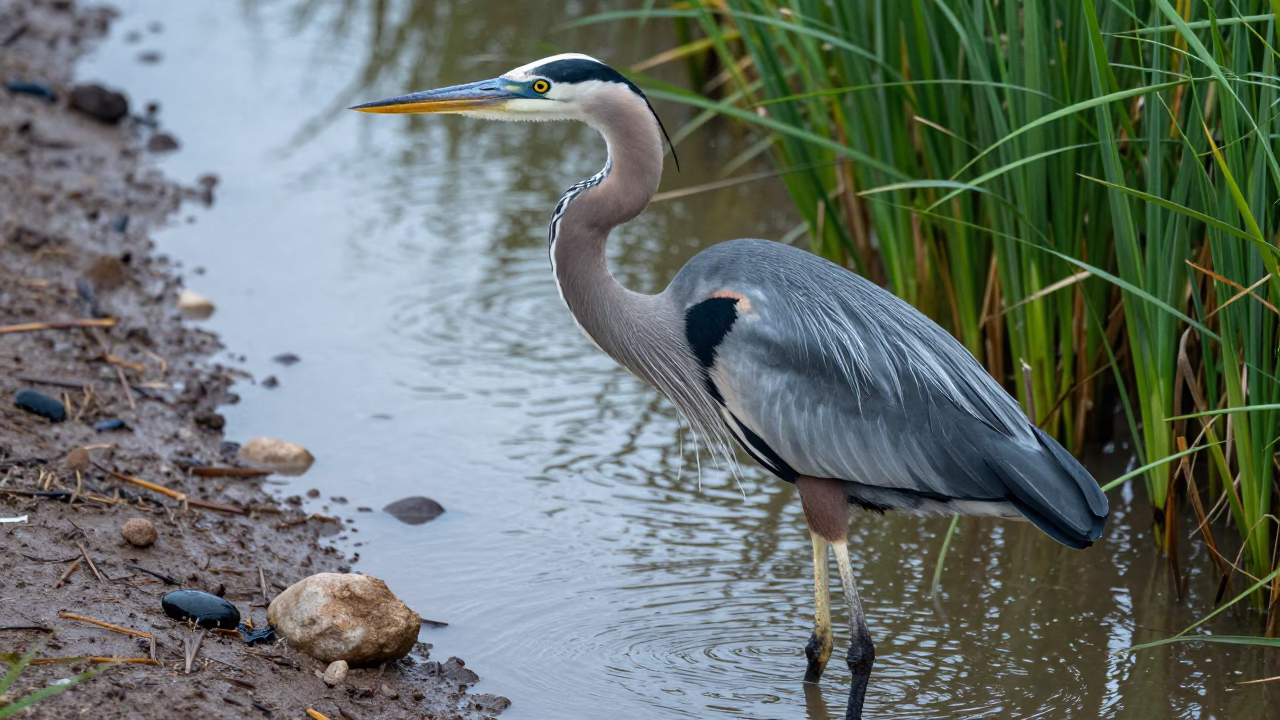 Heron Stalking in Shallow Rainy Waters in along a game trail in Minas Gerais