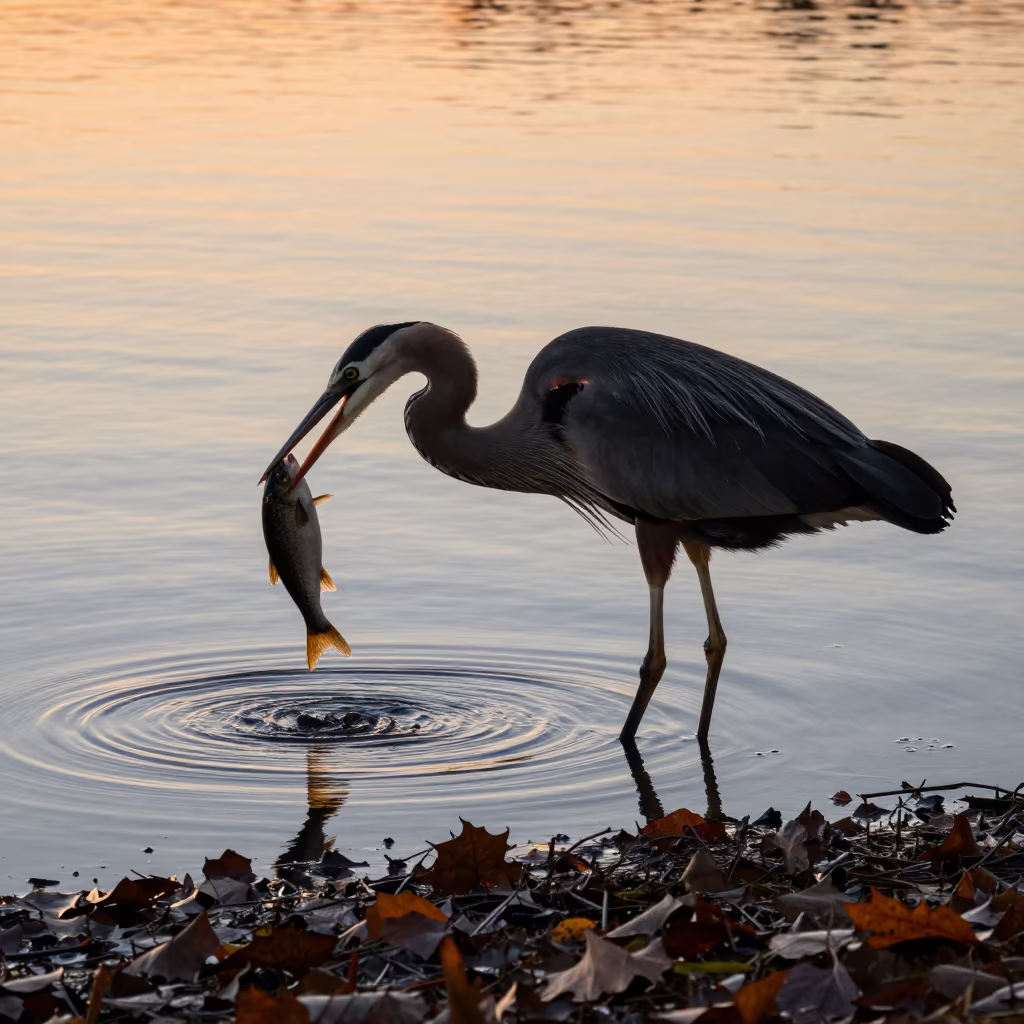 Heron Swallowing Fish Silhouetted in Autumn Light in near Boston