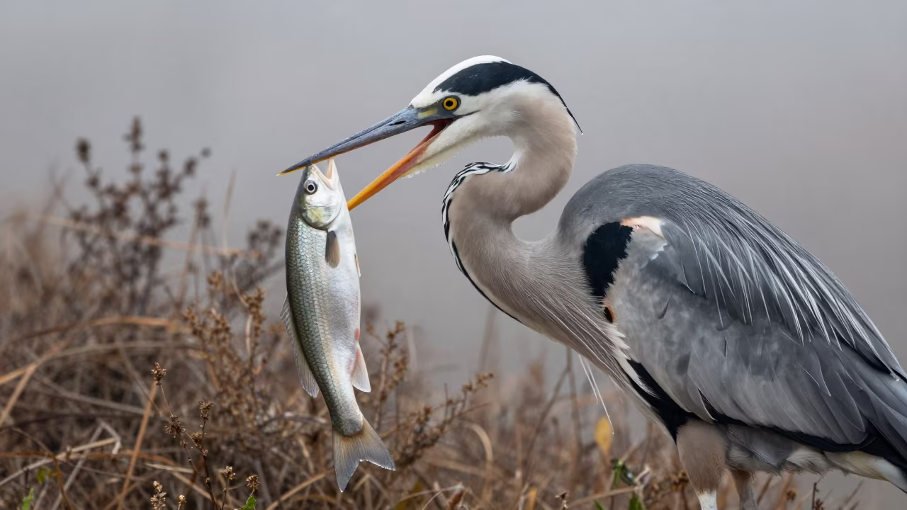 Heron Swallows Fish Whole on Manisa Ridge in on a wind-scoured ridge near Manisa