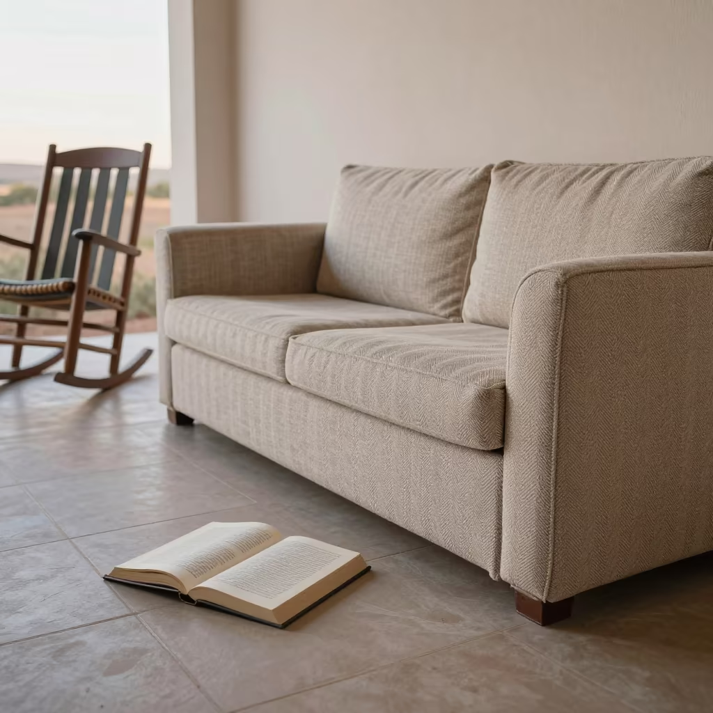 Herringbone Throw Book on Porch Dawn in on a porch with a rocking chair near Taourirt
