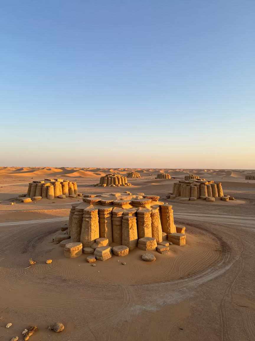 Hexagonal Basalt Columns Above Desert Dunes in above dune fields and dry wadis near Mecca