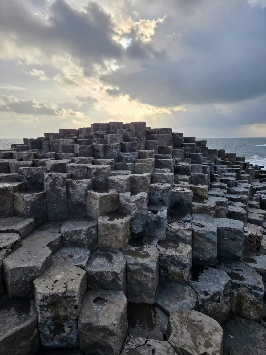 Hexagonal Basalt Columns Aerial View Guangdong in high above patterned rooftops in Guangdong