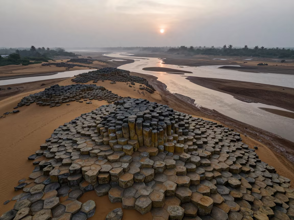 Hexagonal Basalt Columns Above Cambodian Dunes in above dune fields and dry wadis in Cambodia