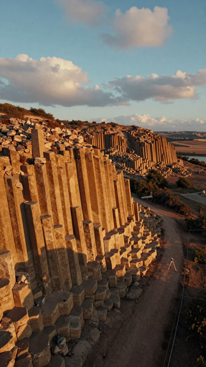 Hexagonal Basalt Columns Silhouetted in Evening Light in high above irrigation geometry near Tunis