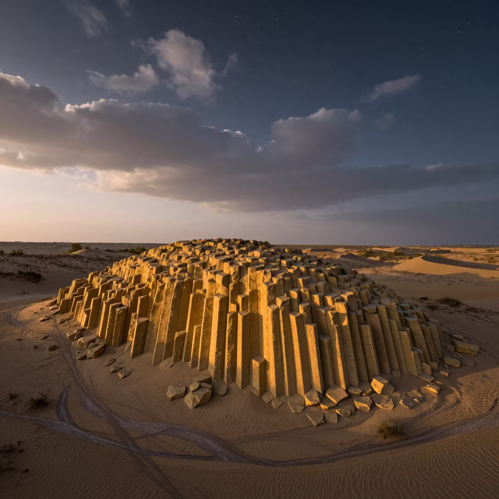 Hexagonal Basalt Columns Sunset Night Sky Sikkim in above dune fields and dry wadis in Sikkim