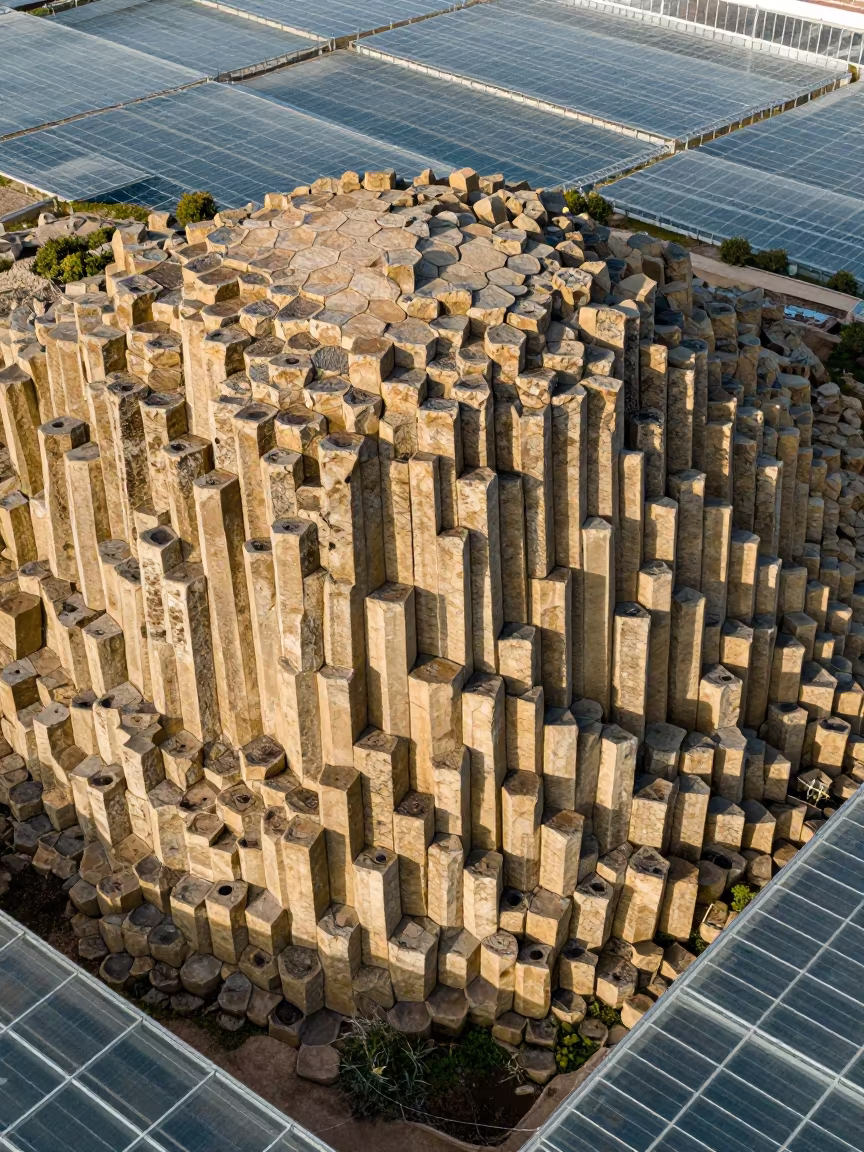 Hexagonal Basalt Columns Over Tunisian Greenhouses in high over greenhouse grids in Tunisia