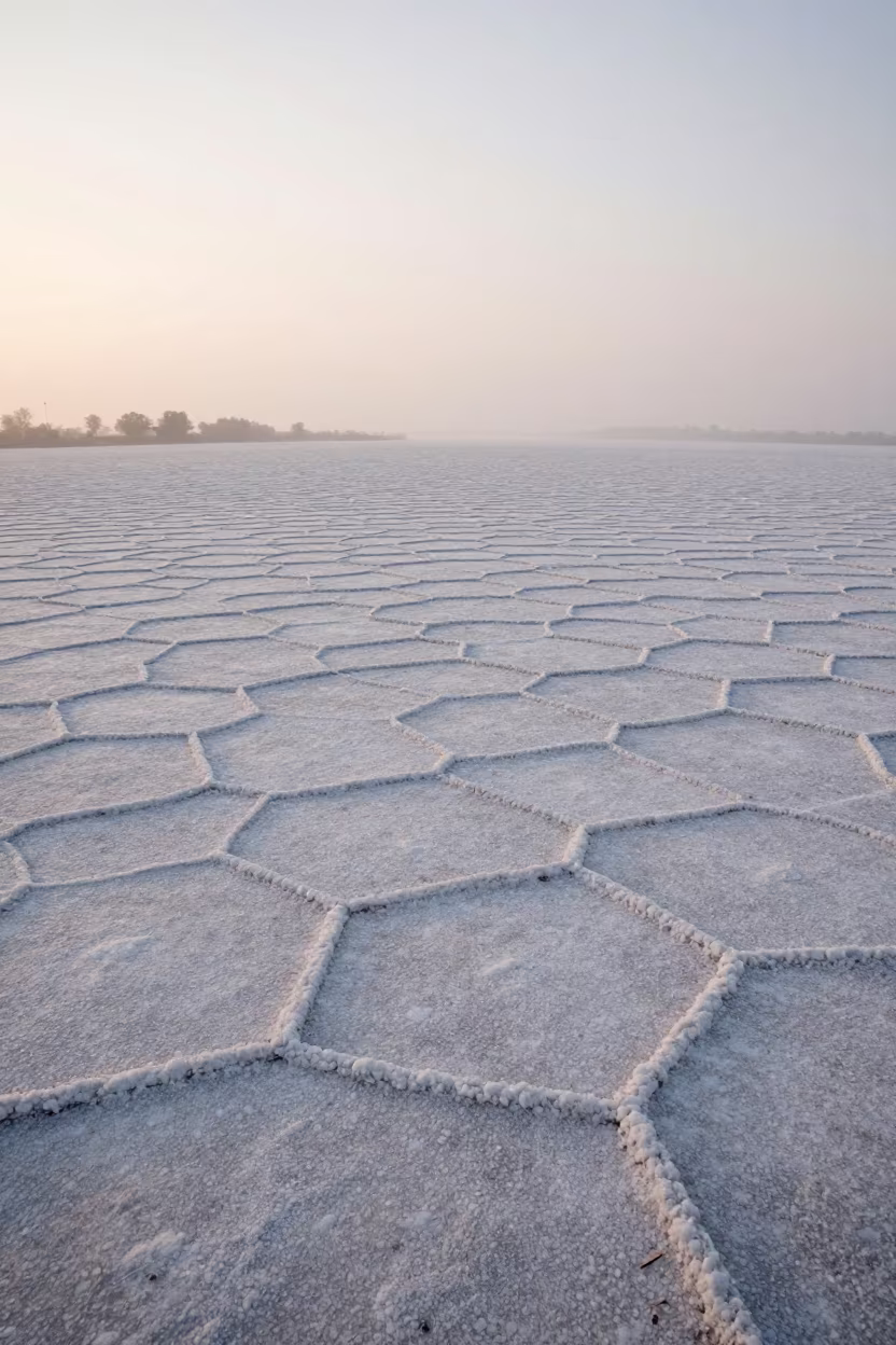 Hexagonal Salt Crystals at Dawn in Muzaffarnagar Valley in across a wide valley floor near Muzaffarnagar