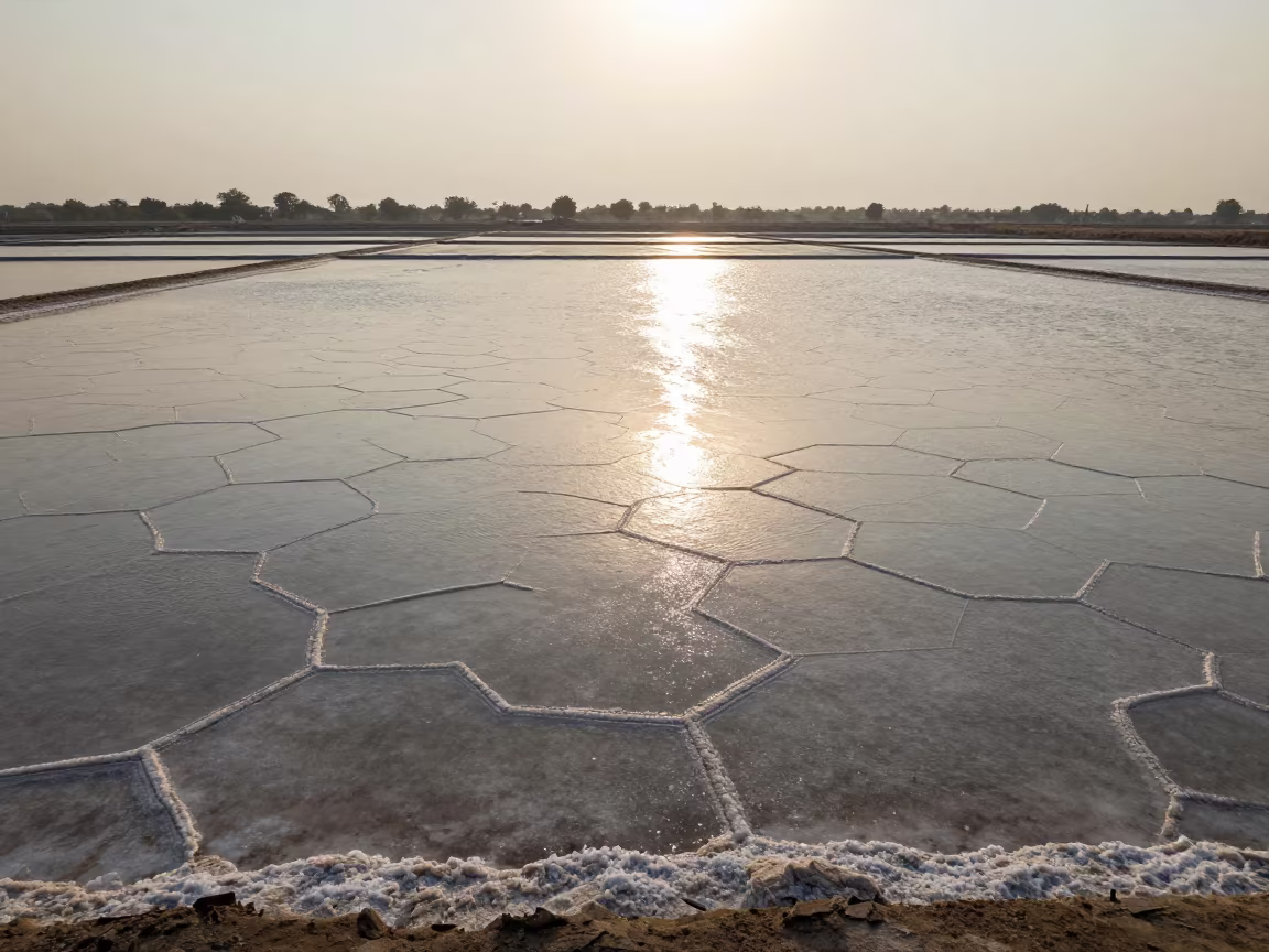 Hexagonal Salt Crystals Reflecting Late Afternoon Light in across a wide valley floor near Amritsar