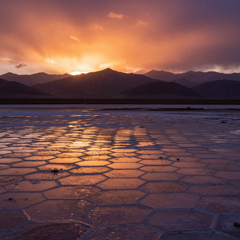 Hexagonal Salt Crystals Sunset Tibet Floodplain in across a floodplain after rain in Tibet