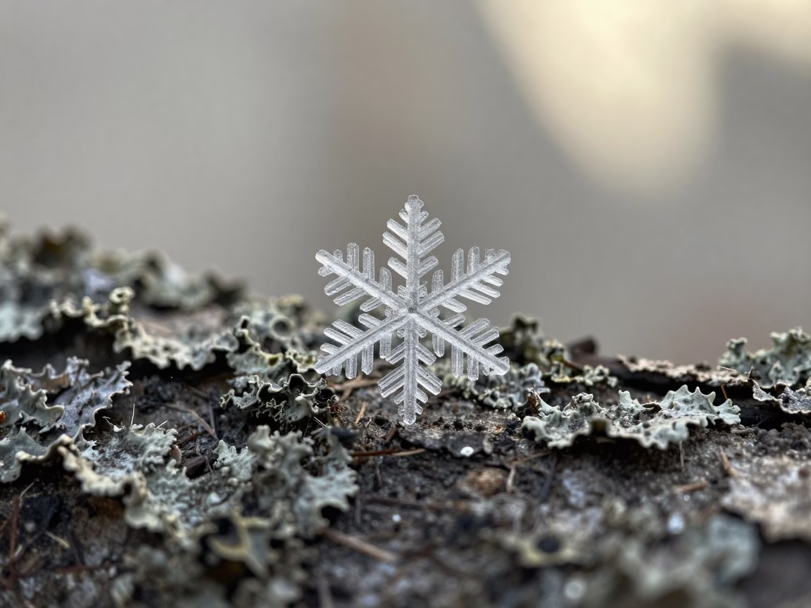 Hexagonal Snowflake on Lichen Bark in Moscow in on lichen-covered bark in Chistye Prudy, Moscow
