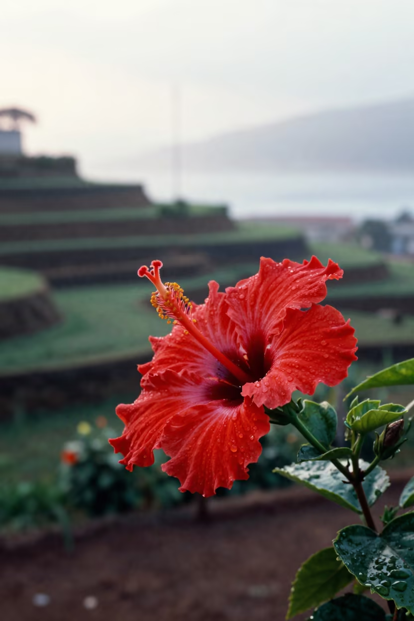 Hibiscus in Salvador Wet Season Light in among terraced garden plots near Salvador