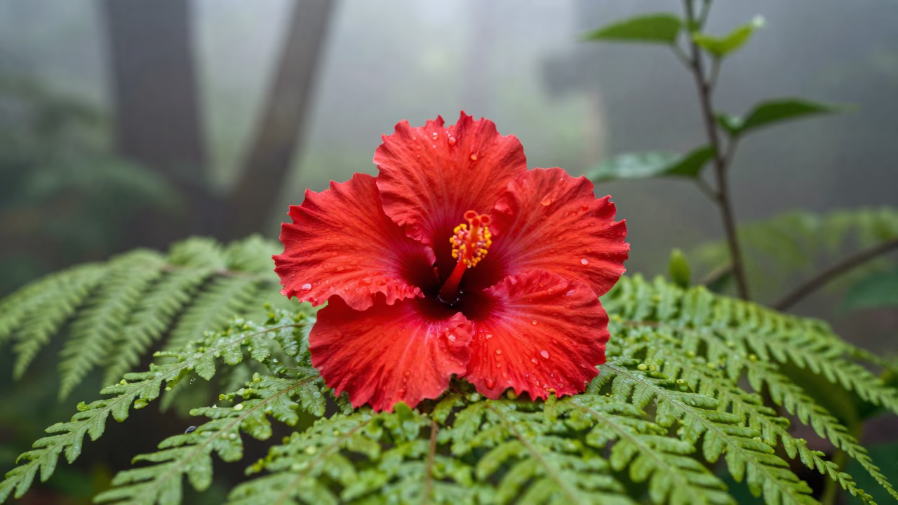Hibiscus Stamen Curling in Dawn Mist Bangkok in on a fern-lined forest floor near Khao San Road, Bangkok