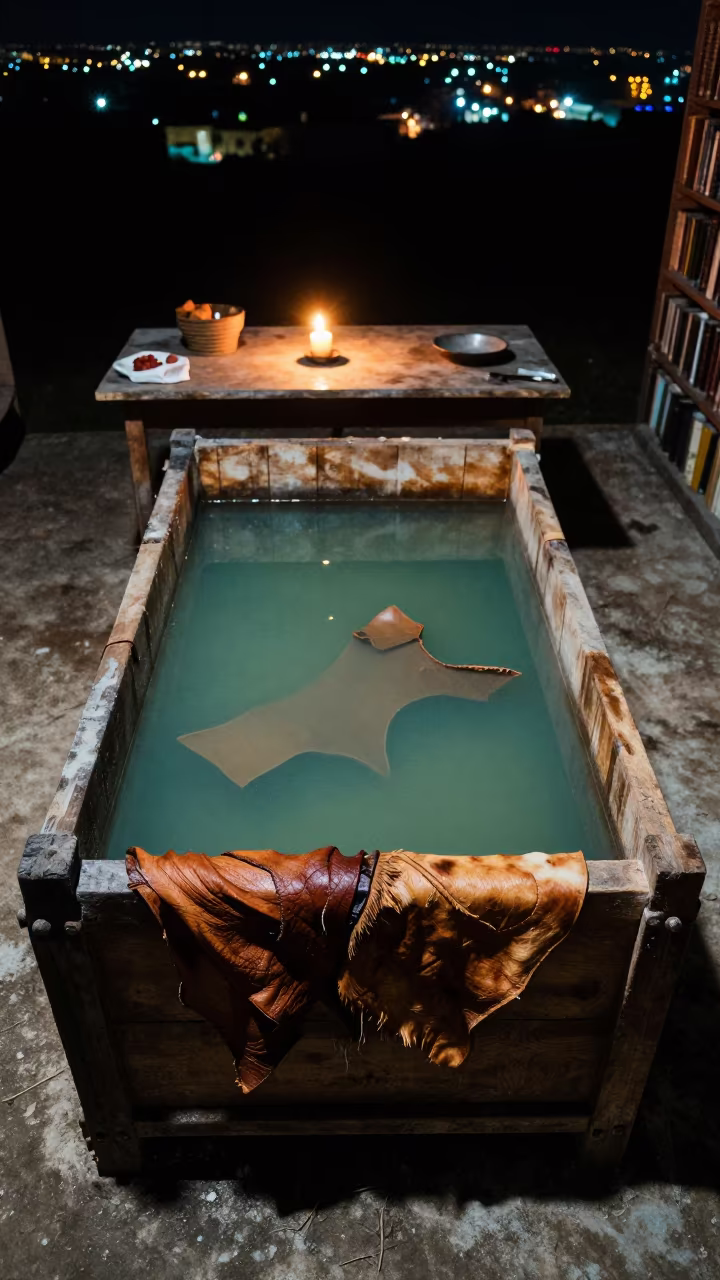 Hides Soaking in Leather Tanning Pit Campeche in on a dusty library table in Campeche
