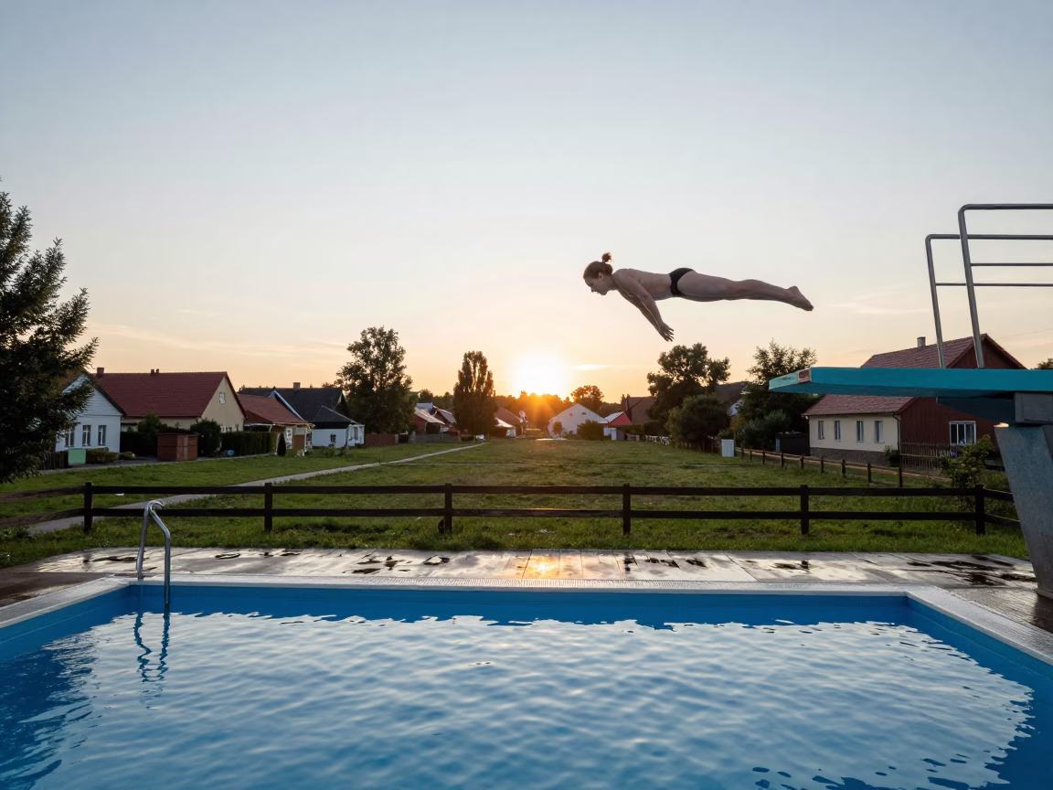 High Diver in Pike Over Village Lane Pool in in a village lane near Białystok