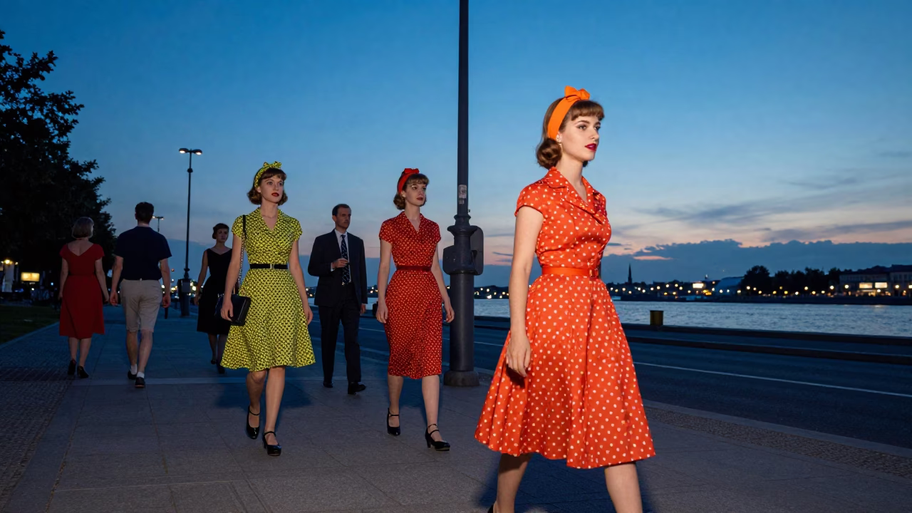 High Fashion 1950s Berlin Evening Street Scene with Vintage Automobile and Pedestrians in in Berlin, Germany