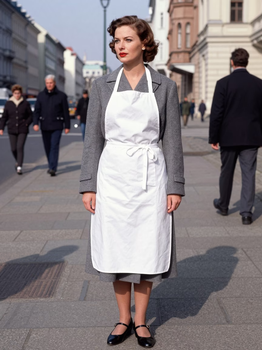 High Fashion 1950s Berlin Street Scene with Apron and Vintage Details in in Berlin, Germany