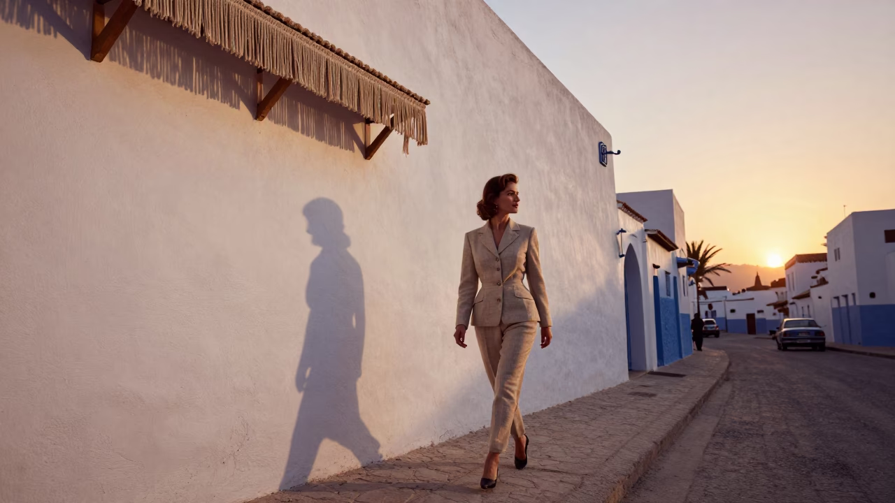 High Fashion 1950s Casablanca Morocco Sunset Street Scene with Linen Fringe Detail in in Casablanca, Morocco