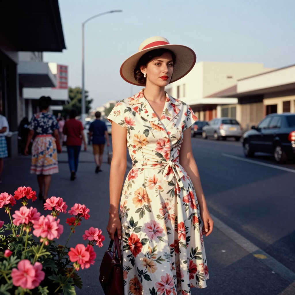 High Fashion 1950s Durban Street Style with Geraniums and Metal Bucket in in Durban, South Africa