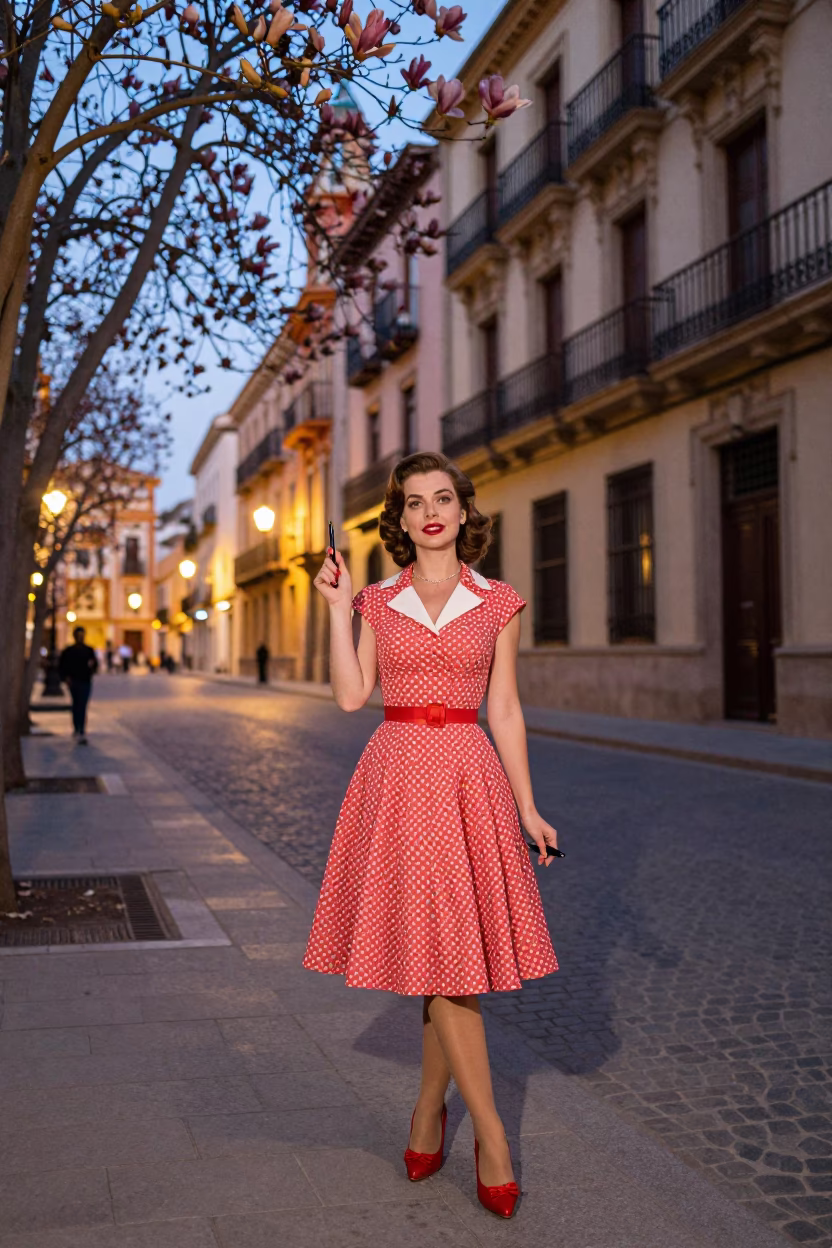 High Fashion 1950s Granada Spain Evening Street Scene with Magnolia Bloom and Fountain Pen in in Granada, Spain