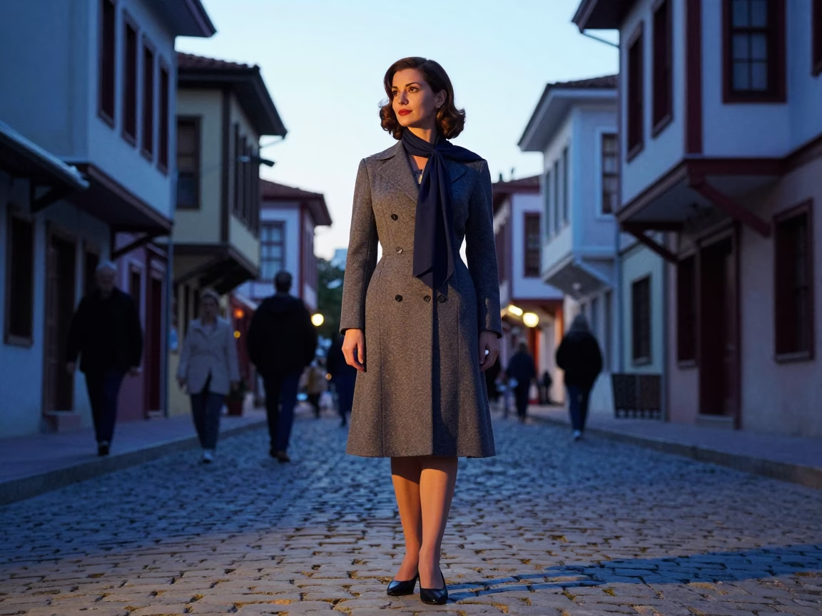 High Fashion 1950s Izmir Nautical Dawn Street Scene with Vintage Details in in Izmir, Turkey