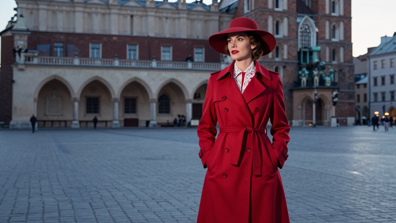 High Fashion 1950s Krakow Portrait on Main Market Square Before Sunrise with Vintage Elegance in in Krakow, Poland