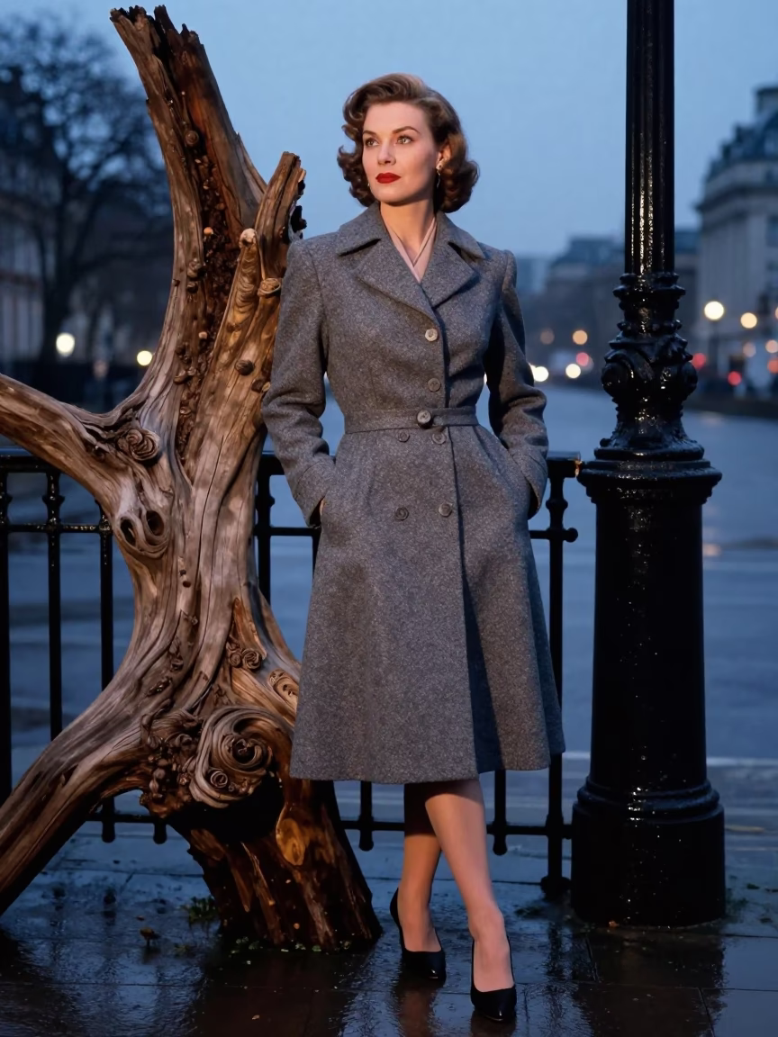 High Fashion 1950s London Evening Portrait with Driftwood and Gravy Boat on Vintage Bench in in London, United Kingdom