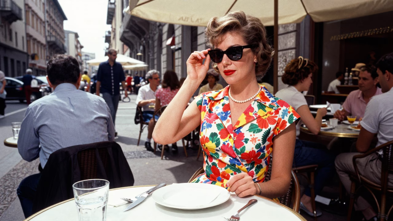 High Fashion 1950s Milan Street Scene with Cutlery and Wood Fired Pizza in in Milan, Italy
