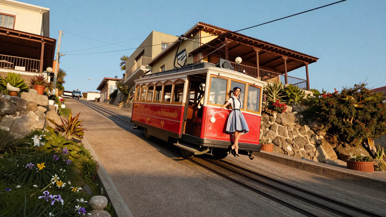 High Fashion 1950s Model in Valparaiso Chile Funicular Cliffside Late Morning in in Valparaiso, Chile