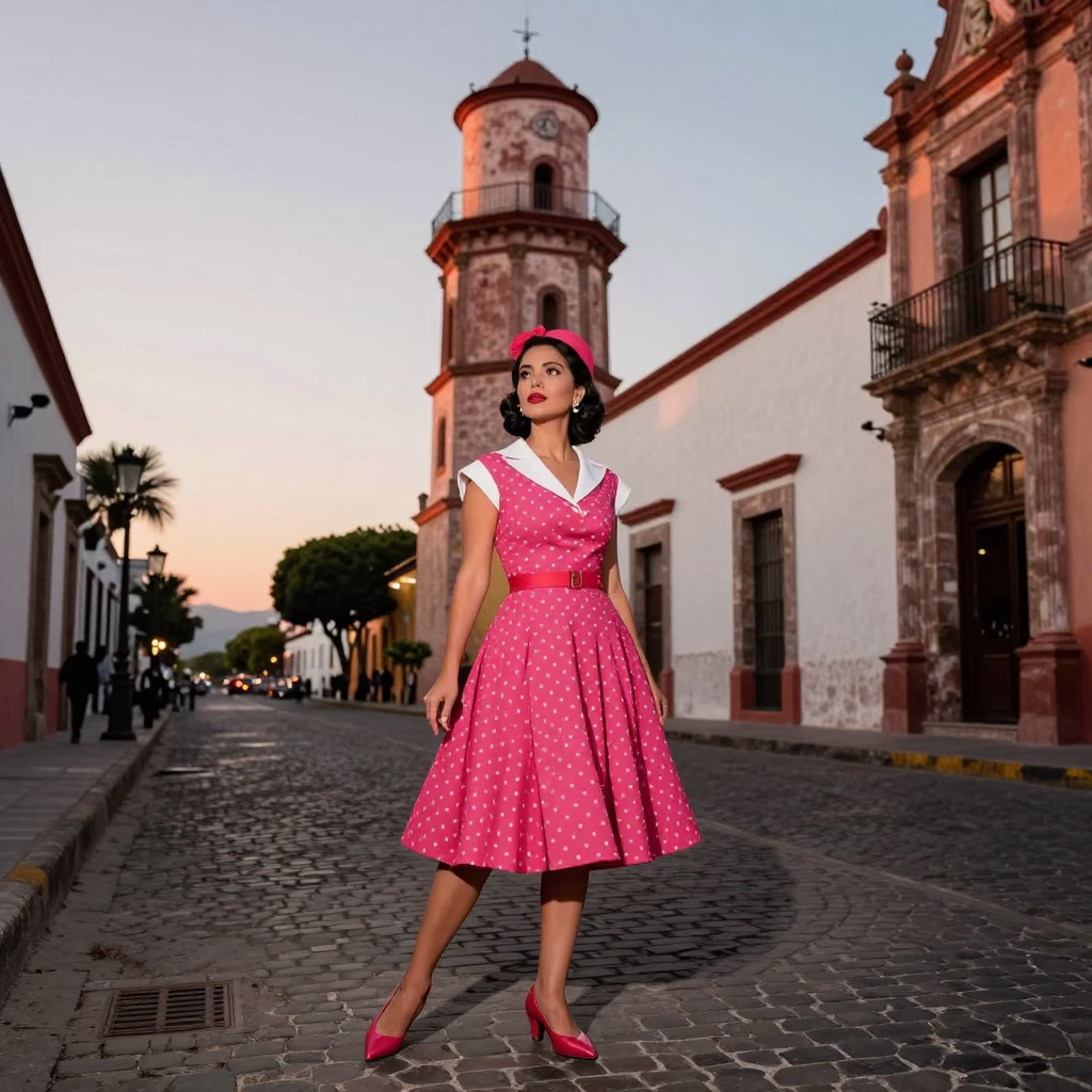 High Fashion 1950s Oaxaca Street Style with Water Tower at Nautical Dawn in in Oaxaca, Mexico