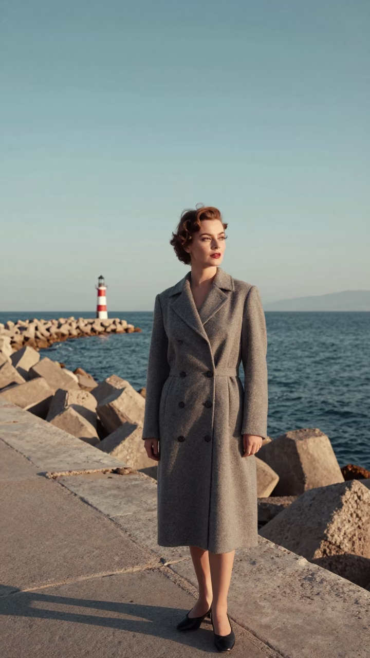 High Fashion 1950s Portrait in Izmir Turkey Near Breakwater and Harbor Beacon in in Izmir, Turkey