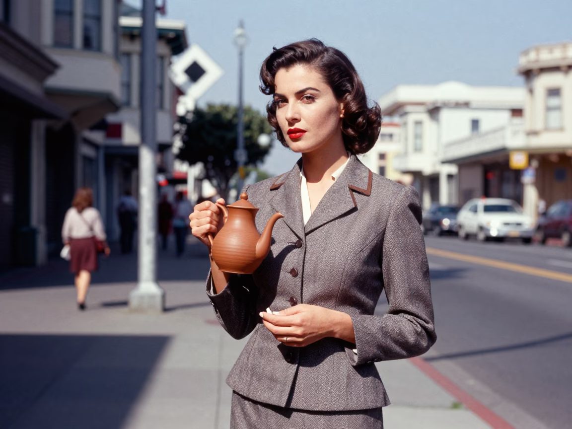 High Fashion 1950s San Francisco Street Style Midday Portrait with Vintage Accessories in in San Francisco, California, United States