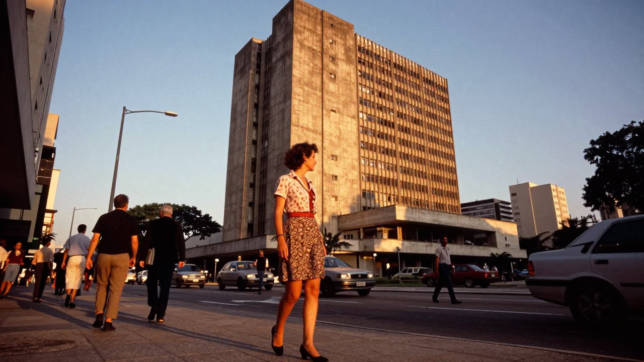 High Fashion 1950s São Paulo Evening Street Scene with Brutalist Concrete Tower in in São Paulo, Brazil