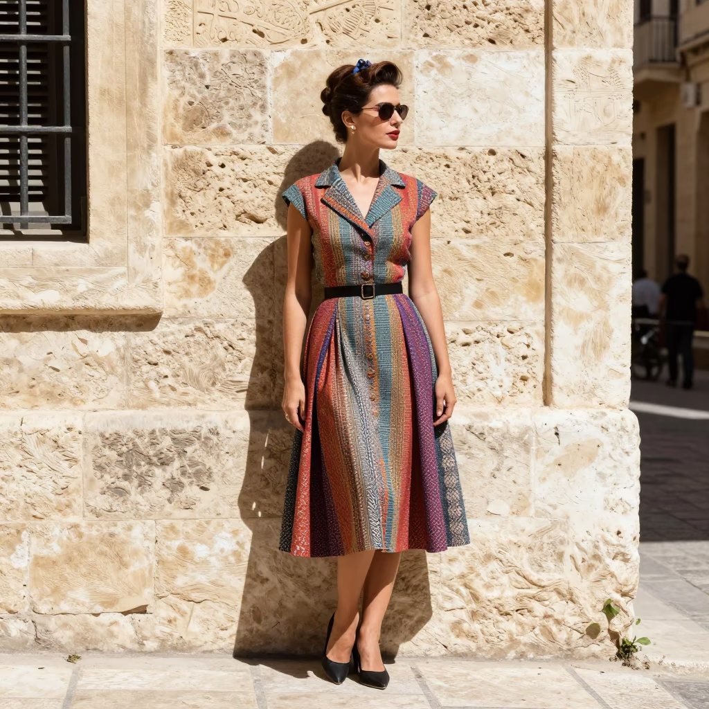 High Fashion 1950s Style Portrait Amidst Noon Sunlight in Historic Amman Jordan in in Amman, Jordan