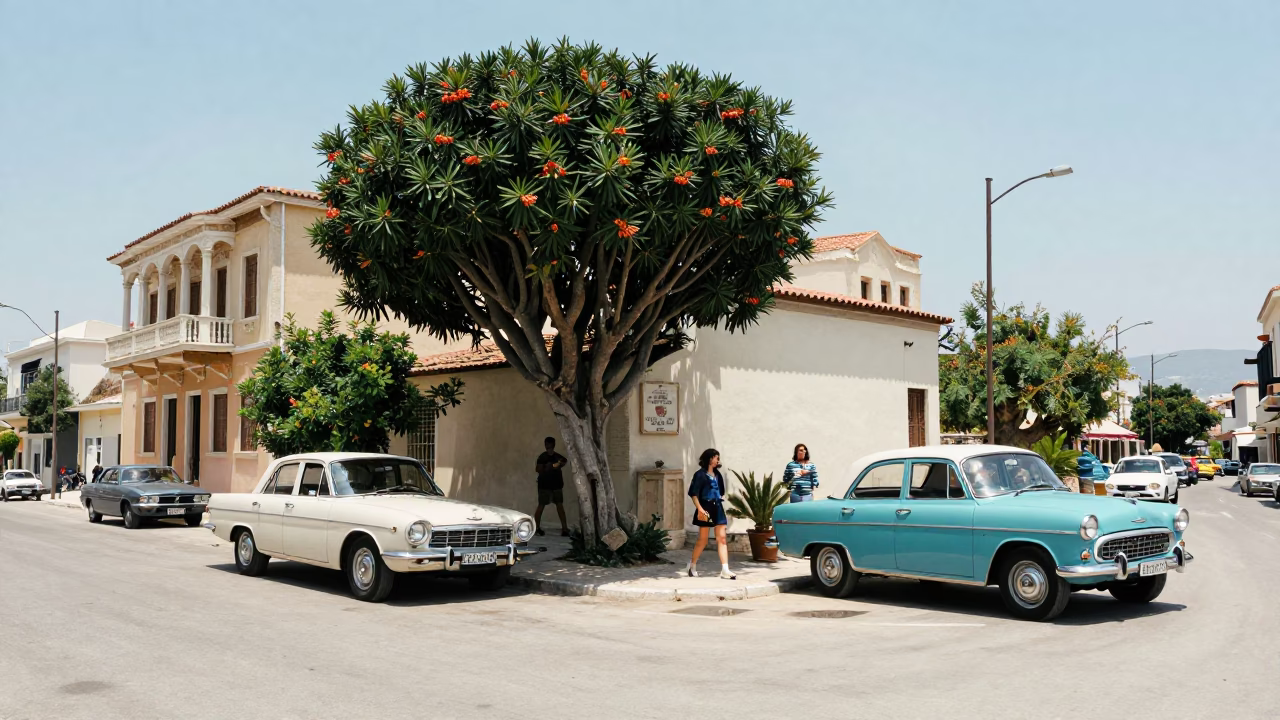 High Fashion 1960s Athens Street Scene with Euphorbia Tree and Blue Sky in in Athens, Greece