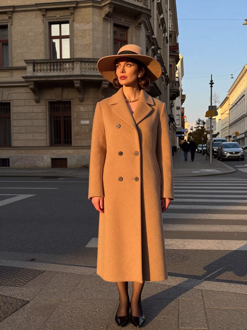 High Fashion 1960s Berlin Street Style Portrait in Honeyed Evening Light in in Berlin, Germany