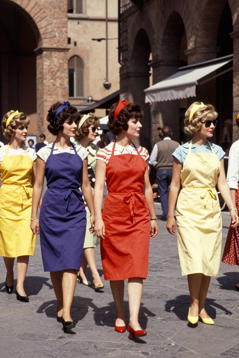High Fashion 1960s Bologna Street Scene with Aprons and Green Glass Bottle in in Bologna, Italy