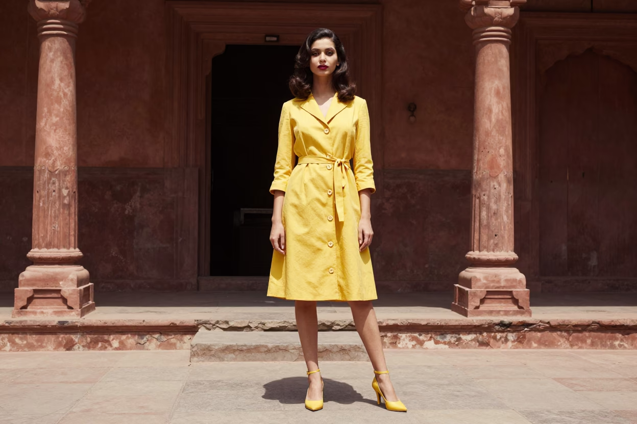 High Fashion 1960s Delhi Noon Portrait with Sunlight and Slippers in in Delhi, India