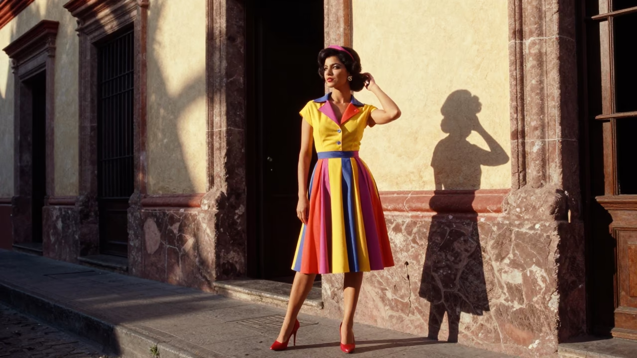 High Fashion 1960s Guadalajara Mexico Late Afternoon Street Style with Glass Jar and Postcards in in Guadalajara, Mexico