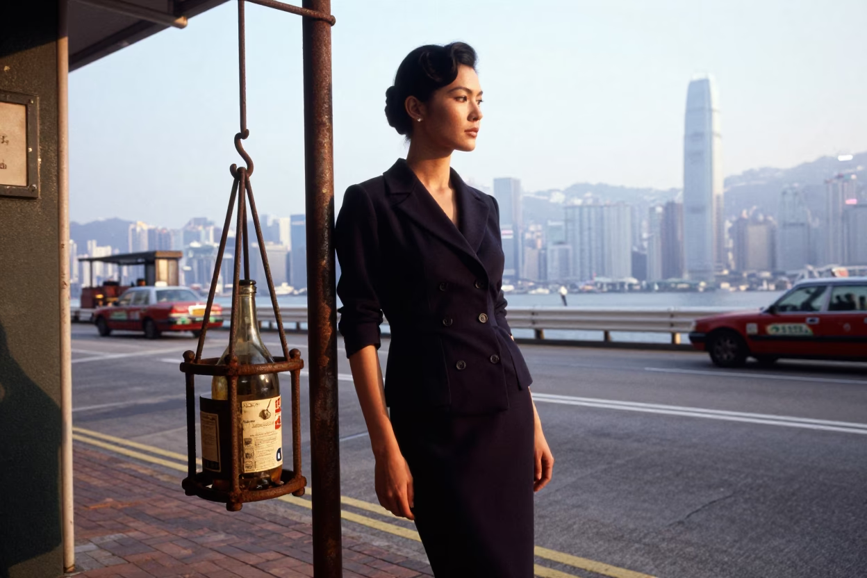 High Fashion 1960s Hong Kong Street Portrait in Early Morning Light with Rustic Props in in Hong Kong, Hong Kong