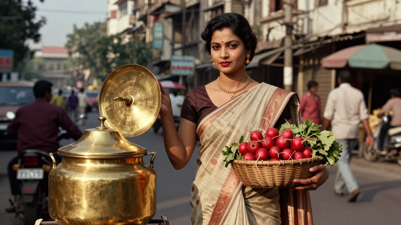 High Fashion 1960s Kolkata Street Scene with Polished Brass and Radishes in in Kolkata, India