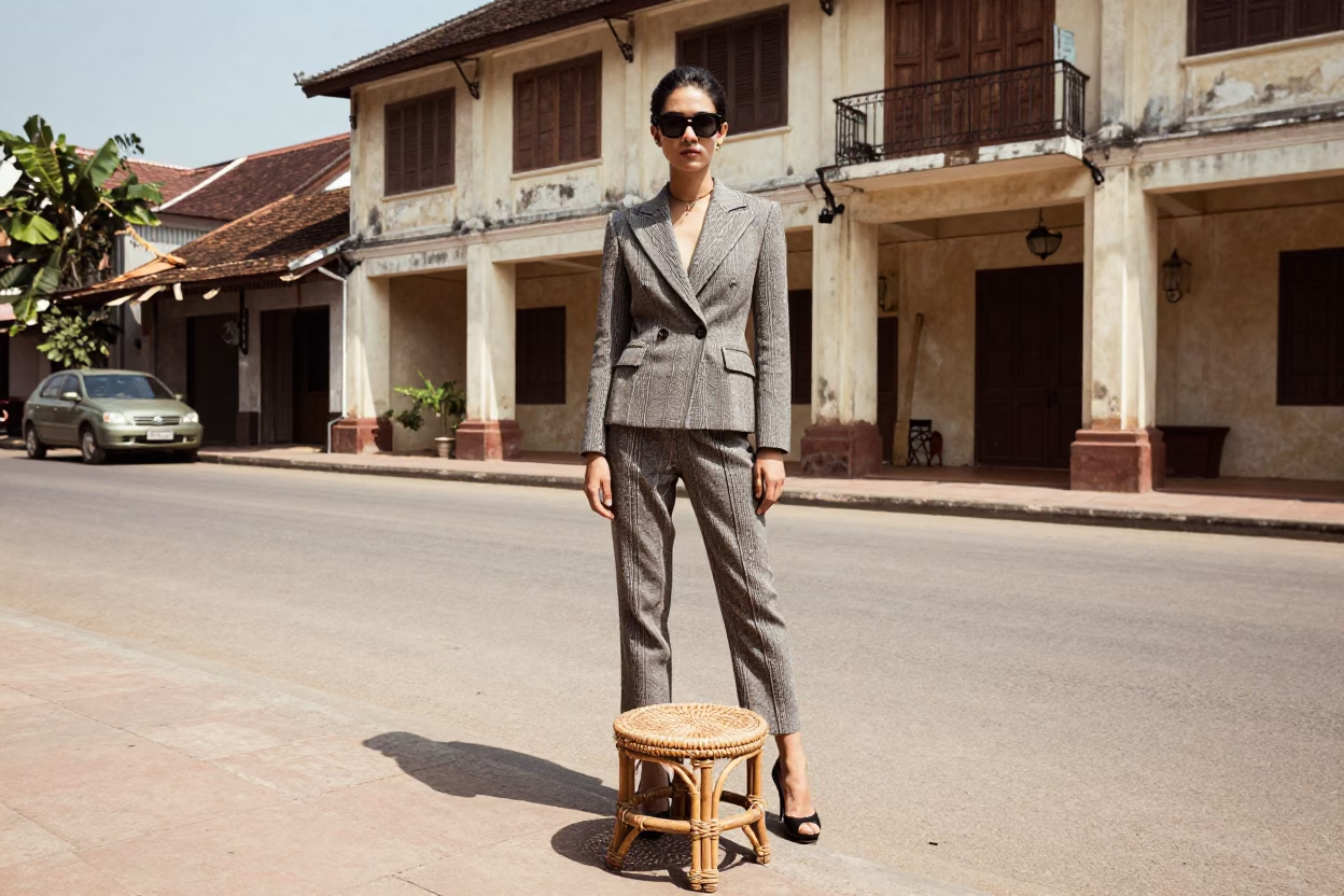 High Fashion 1960s Luang Prabang Street Portrait with Rattan Stool and Local Architecture in in Luang Prabang, Laos