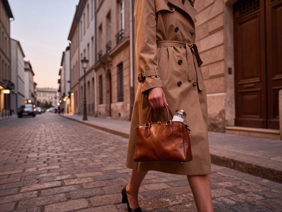 High Fashion 1960s Lyon France Dusk Street Scene with Vintage Accessories in in Lyon, France