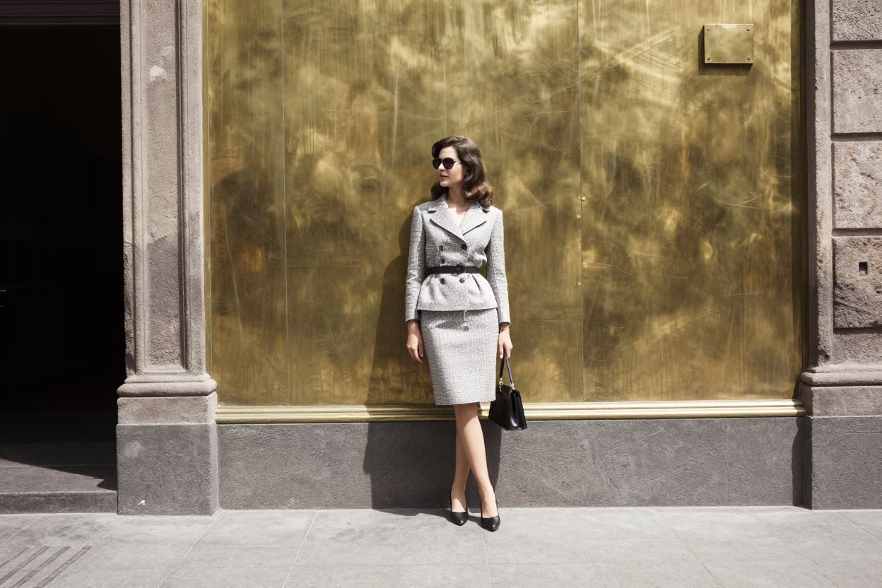 High Fashion 1960s Mexico City Noon Street Scene with Brass Wall and Water Rings in in Mexico City, Mexico