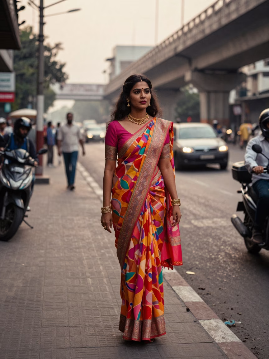 High Fashion 1960s Mumbai Street Style with Highway Flyover and Pink Morning Sky in in Mumbai, India