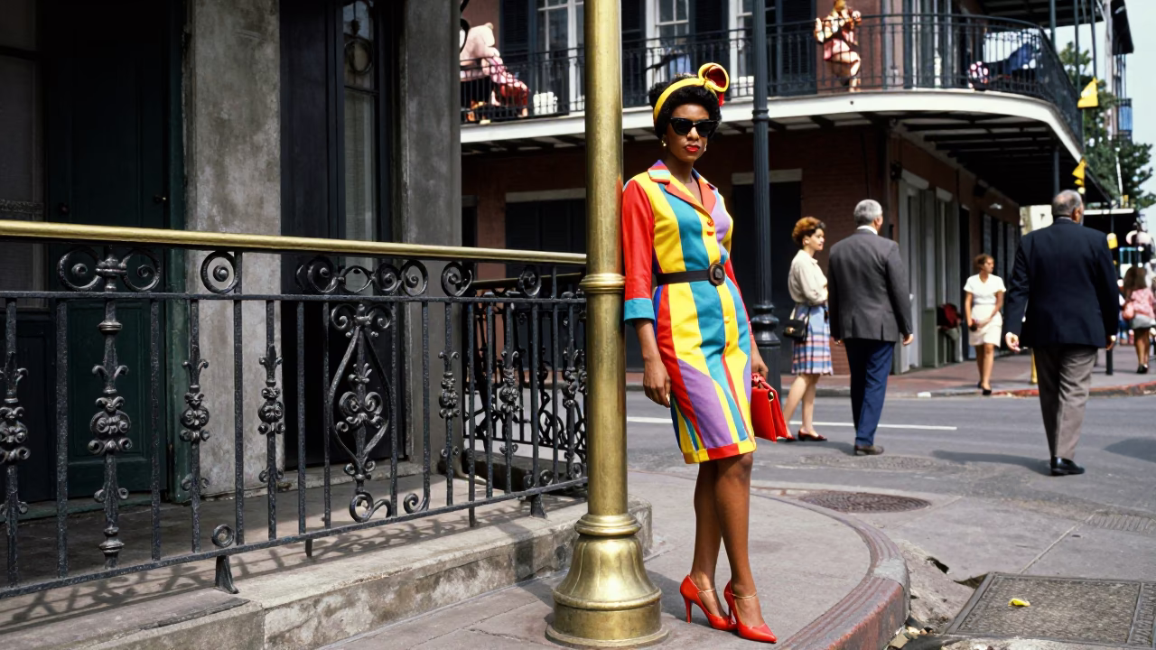 High Fashion 1960s New Orleans Street Scene with Brass Details and Greenery in in New Orleans, Louisiana, United States