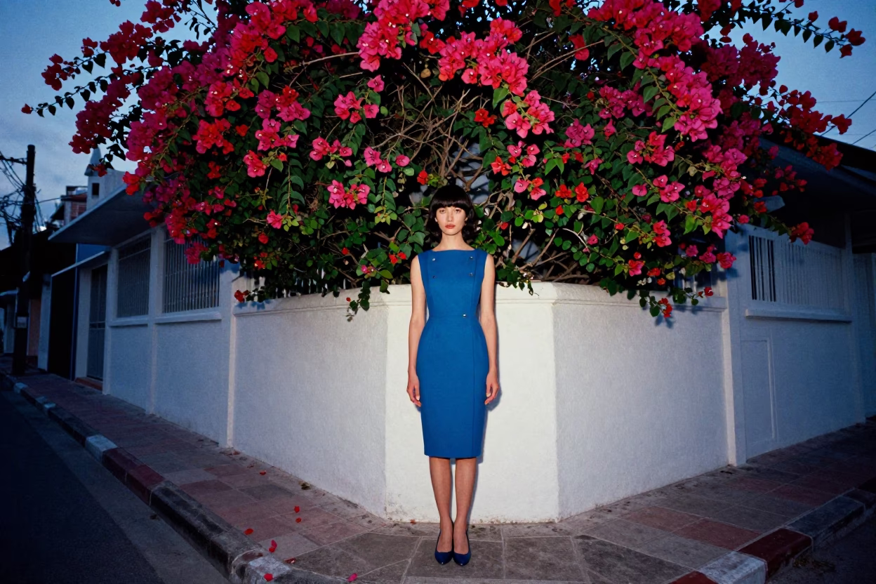 High Fashion 1960s Phuket Street Style Indigo Twilight Bougainvillea Wall in in Phuket, Thailand
