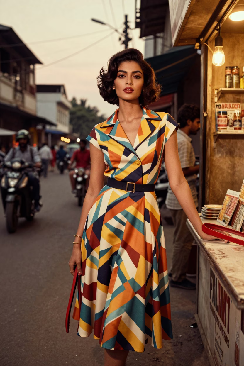 High Fashion 1960s Portrait of Model in Chennai Street Evening Light in in Chennai, India