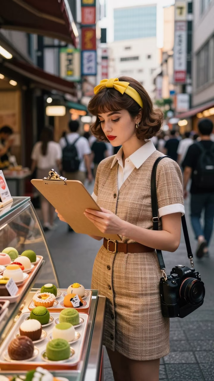 High Fashion 1960s Tokyo Street Style with Clipboard and Vintage Wagashi Sweets in in Tokyo, Japan