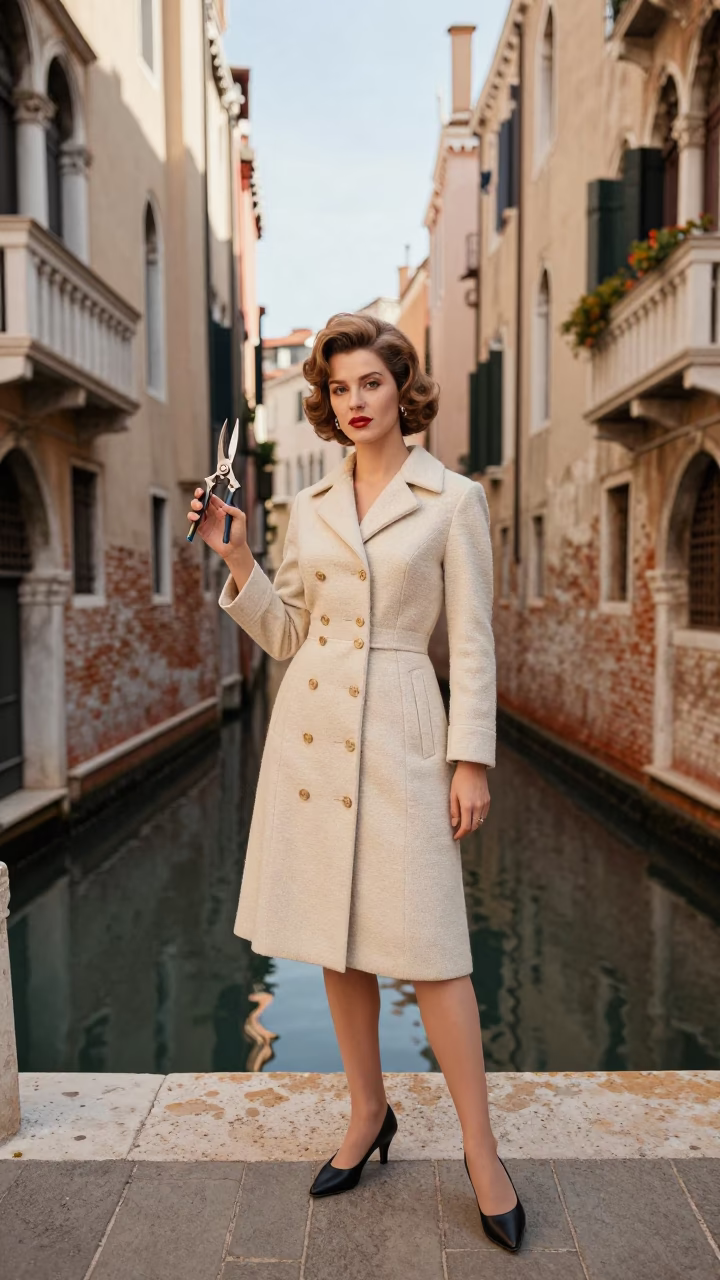 High Fashion 1960s Venice Afternoon Portrait with Pruning Shears and Canal Reflections in in Venice, Italy