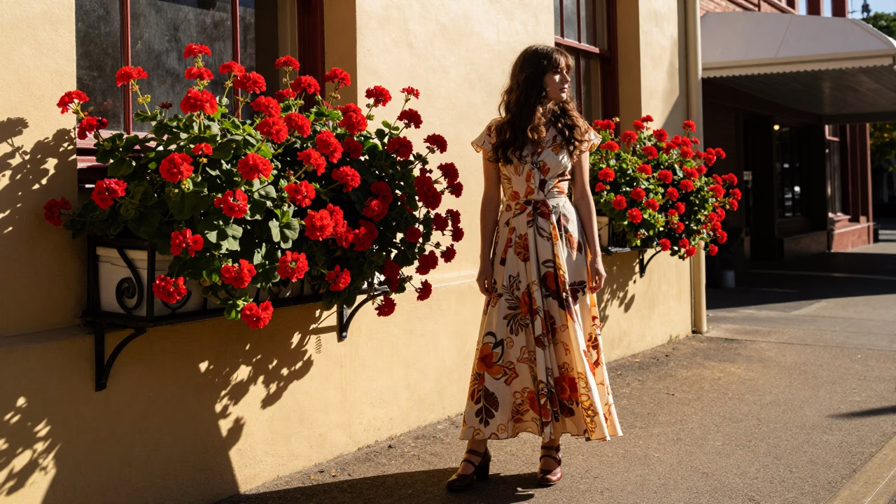 High Fashion 1970s Adelaide Street Style with Geraniums and Aprons in in Adelaide, South Australia, Australia